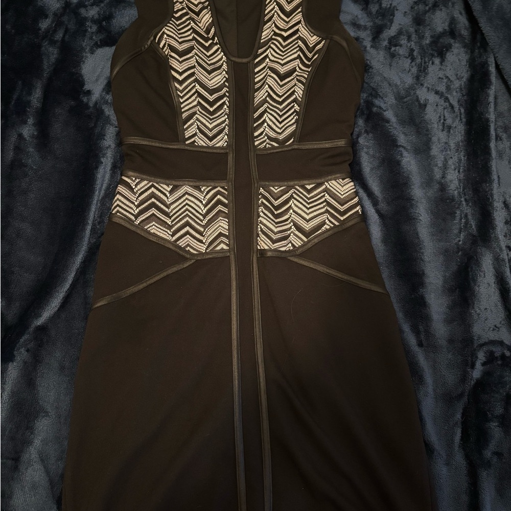 Bebe Black and Cream Embellished Halter Midi Dress